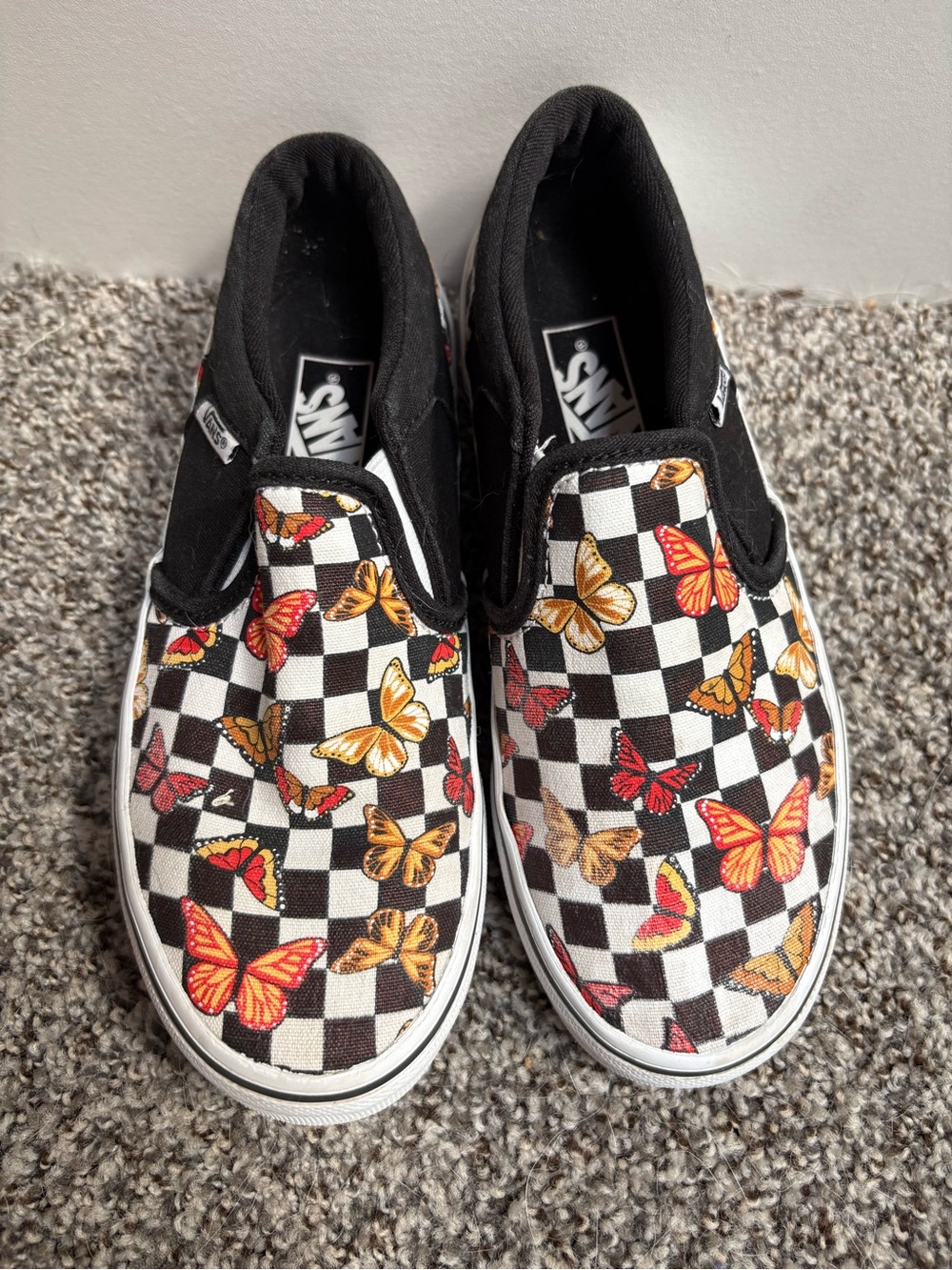 Vans Kids Classic Slip-On Checkerboard Sneakers with Butterfly Print Size 2Y